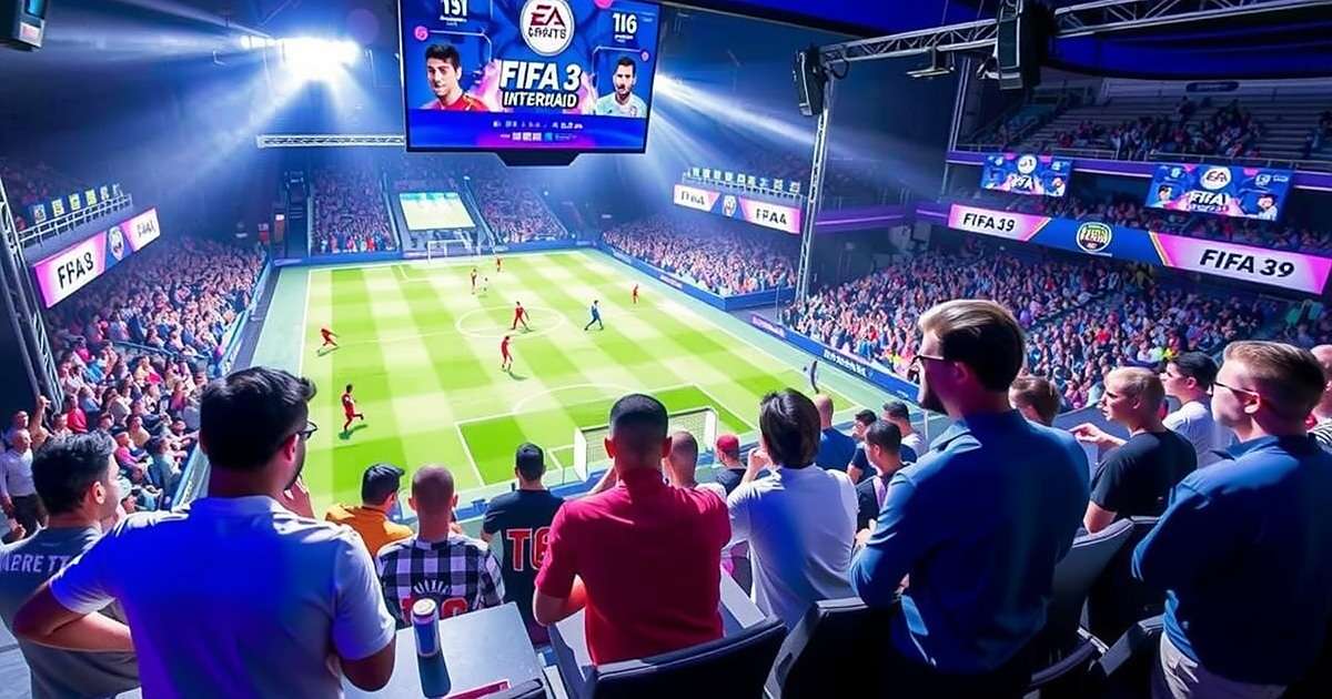 FIFA Mania in India tournament with players competing on stage in front of a large audience